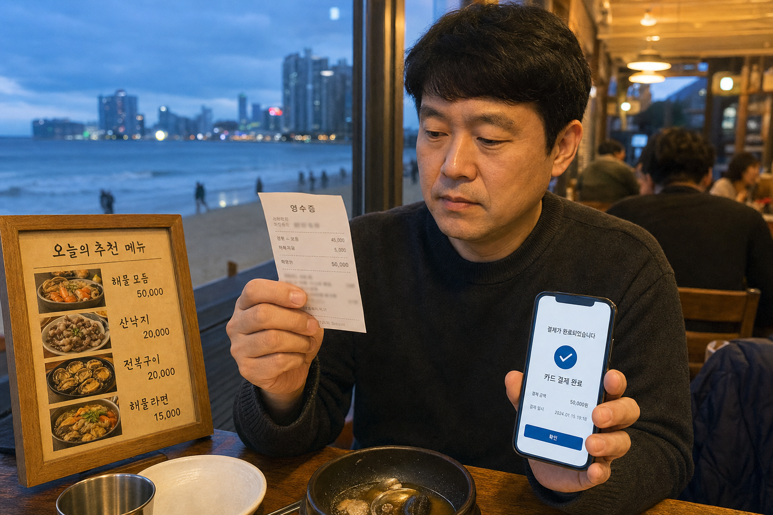 해수욕장 인근 식당에서 영수증과 가격표를 확인하는 소비자 보호 장면
